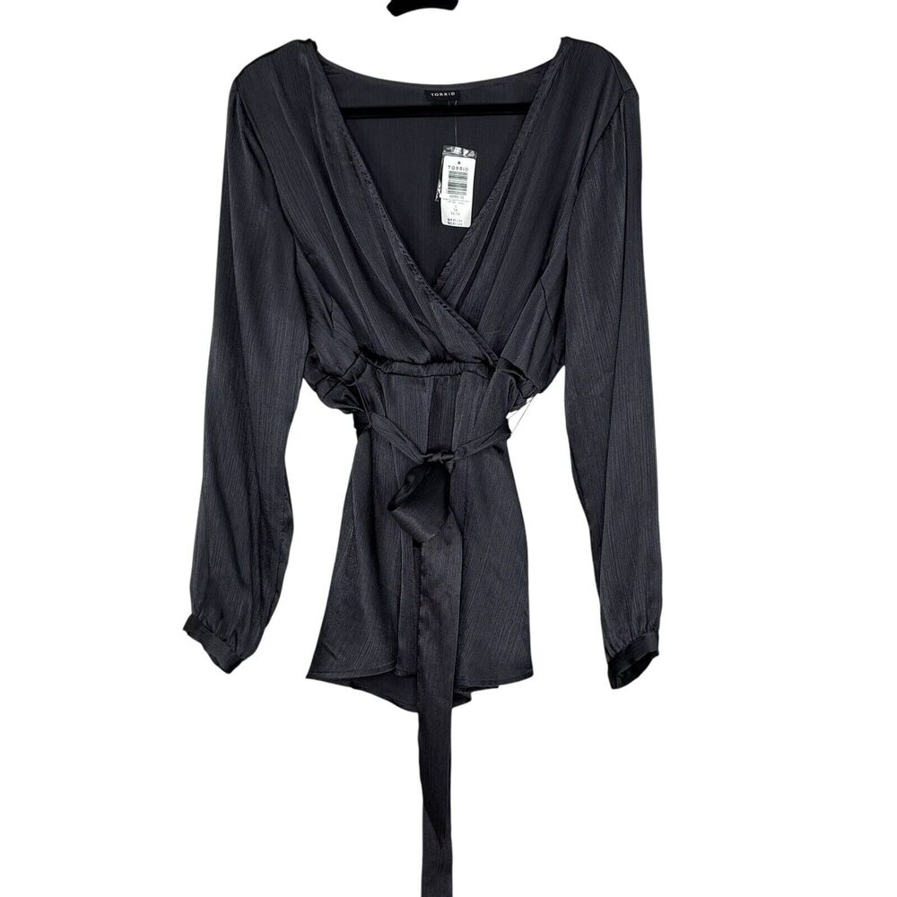 NEW Torrid Blouse Womens 1X Top Satin Wrap Belted Career Office Gray
